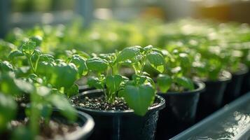 Fresh lettuce seedlings thrive in a greenhouse setting with droplets of water sparkling under bright light photo