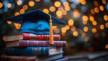 Graduation cap resting on stacked books with blurred festive lights in the background photo