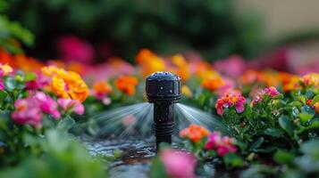 Watering flowers with a sprinkler during a sunny day in a garden setting photo