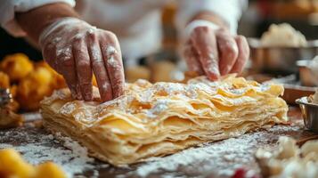 Pastry chef preparing flaky pastry on wooden table in a cozy bakery setting photo