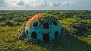 Abandoned dome house covered in vines in a lush green landscape under a cloudy sky photo