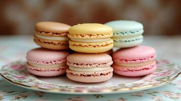 Colorful macarons arranged on a decorative plate with floral pattern for a dessert display photo