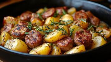 Hearty roasted sausage and potato dish with herbs in a rustic kitchen setting photo