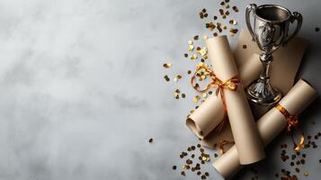 Celebration of achievement with scrolls and trophy on festive background photo