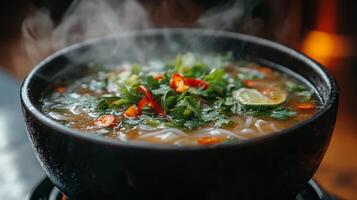 Delicious bowl of steaming noodle soup with fresh herbs and spices in a cozy setting photo