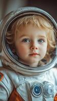 Child in astronaut suit poses with a curious expression and bright blue eyes photo