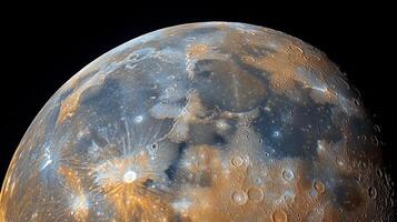 Detailed view of the moon's surface featuring craters and shadows during a twilight hour photo