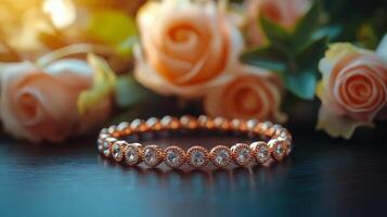 Elegant rose gold bracelet with sparkling gemstones surrounded by delicate flowers photo