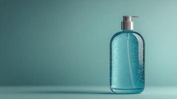 Clear liquid soap dispenser on a light blue background with bubbles and a pump top photo