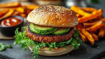 Delicious burger with avocado and sweet potato fries on a rustic table photo
