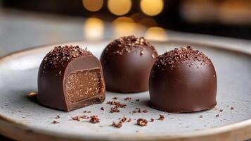 Delicious chocolate truffles with creamy filling and sea salt topping on a gray surface photo