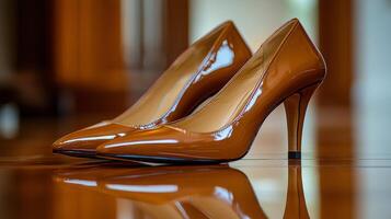 Elegant brown high heels placed on a polished wooden floor reflecting light beautifully photo