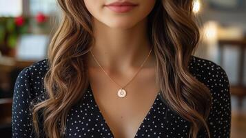 Elegant young woman wearing a necklace in a cozy indoor setting with soft lighting photo