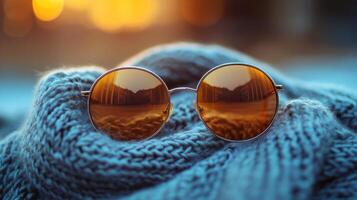 Brown tortoiseshell sunglasses resting on a cozy knitted sweater in a winter setting at sunset photo