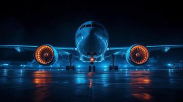Jet engine being serviced inside a futuristic aircraft maintenance facility at night photo