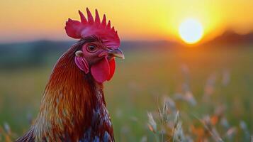Bright sunrise behind a rooster in a field of grass at dawn in rural landscape photo