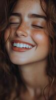 Woman with curly hair and freckles smiling brightly in a warm atmosphere photo