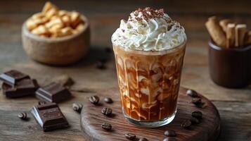 Iced coffee topped with whipped cream and chocolate, surrounded by snacks on a wooden table photo