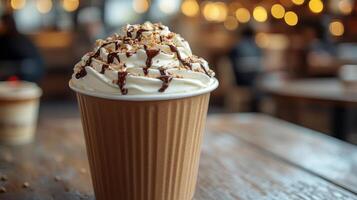 Warm caramel latte served in a takeaway cup at a cozy cafe in a bustling urban setting photo
