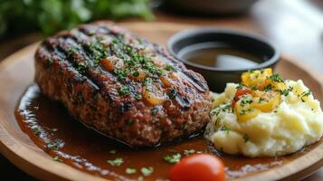 Savory meatloaf served with creamy mashed potatoes and rich gravy on a wooden table photo