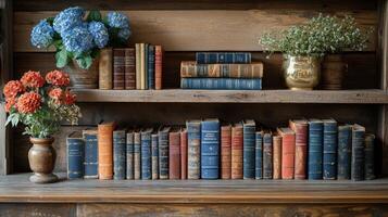 Elegant bookshelf with antique books and globes displayed in a cozy library setting photo