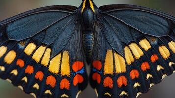 Close-up view of a vibrant butterfly wing displaying intricate patterns and colors in natural light photo