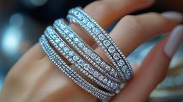 Elegant diamond bracelet adorned with intricate floral designs on display during a luxury jewelry showcase photo