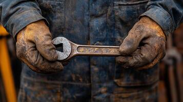 Skilled worker holds a rusty adjustable wrench in a workshop setting during the day photo