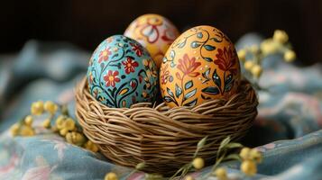 Colorful hand-painted Easter eggs displayed in a decorative nest on a floral fabric background photo