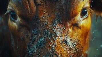 Close-up view of a cow's eye revealing intricate details and unique patterns in a natural setting photo