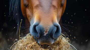 Close-up view of a horse peacefully eating hay in a barn during the evening photo