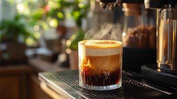 Delicious layered coffee beverage with whipped cream and cocoa sprinkle on wooden table photo