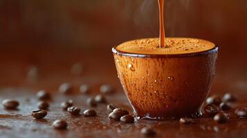 Freshly brewed coffee served in a white cup on a wooden table in a cozy cafe setting photo