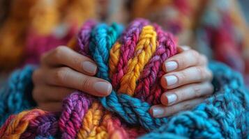 Warm hands holding a colorful knitted scarf in a cozy outdoor setting during autumn photo