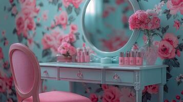 Elegant vanity table adorned with pink flowers in a softly lit room photo