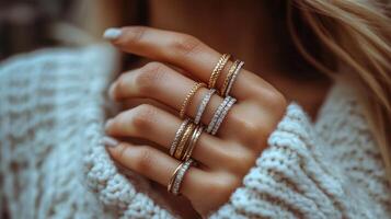 Close-up view of a hand adorned with various stylish rings showing diverse materials and designs photo