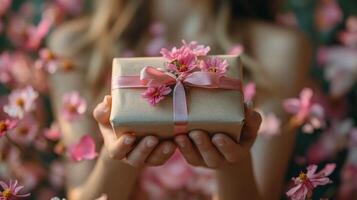 Delicate hands hold a small gift wrapped in natural fabric amid a bed of rose petals photo