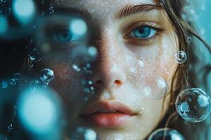 Captivating underwater portrait of a young woman surrounded by shimmering bubbles photo