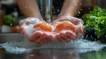 Washing citrus fruit with soap and water in a clean kitchen sink during daylight photo