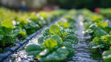 Fresh lettuce seedlings thrive in a greenhouse setting with droplets of water sparkling under bright light photo