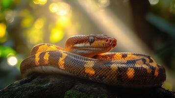 Majestic snake resting on a rock in a sunlit rainforest setting during the early morning hours photo