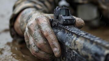 Soldier aiming rifle during cold winter training exercise in the field photo