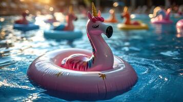 Colorful unicorn floaties drifting in a sunny pool during summer afternoons photo