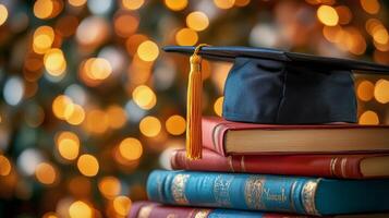 Graduation cap resting on stacked books with blurred festive lights in the background photo