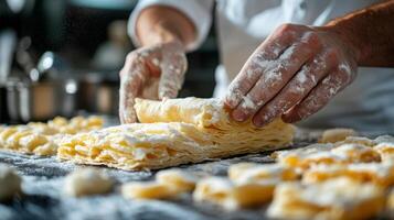 Pastry chef preparing flaky pastry on wooden table in a cozy bakery setting photo