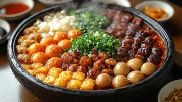 Colorful assortment of fresh ingredients for a traditional Japanese hot pot meal photo