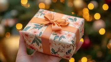 Thoughtfully wrapped gift held in hands among colorful flowers in a garden setting photo