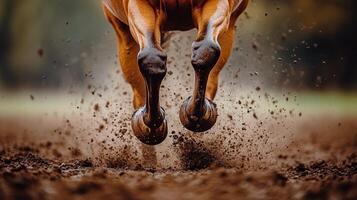 Horse galloping through muddy ground on an overcast day in rural landscape photo