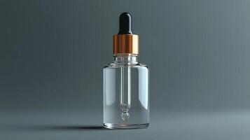 Clear serum dropper bottle showcasing skincare product on a minimalist background in bright light photo