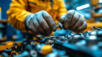 Skilled worker assembling machinery components in workshop with focus on bolts and tools photo